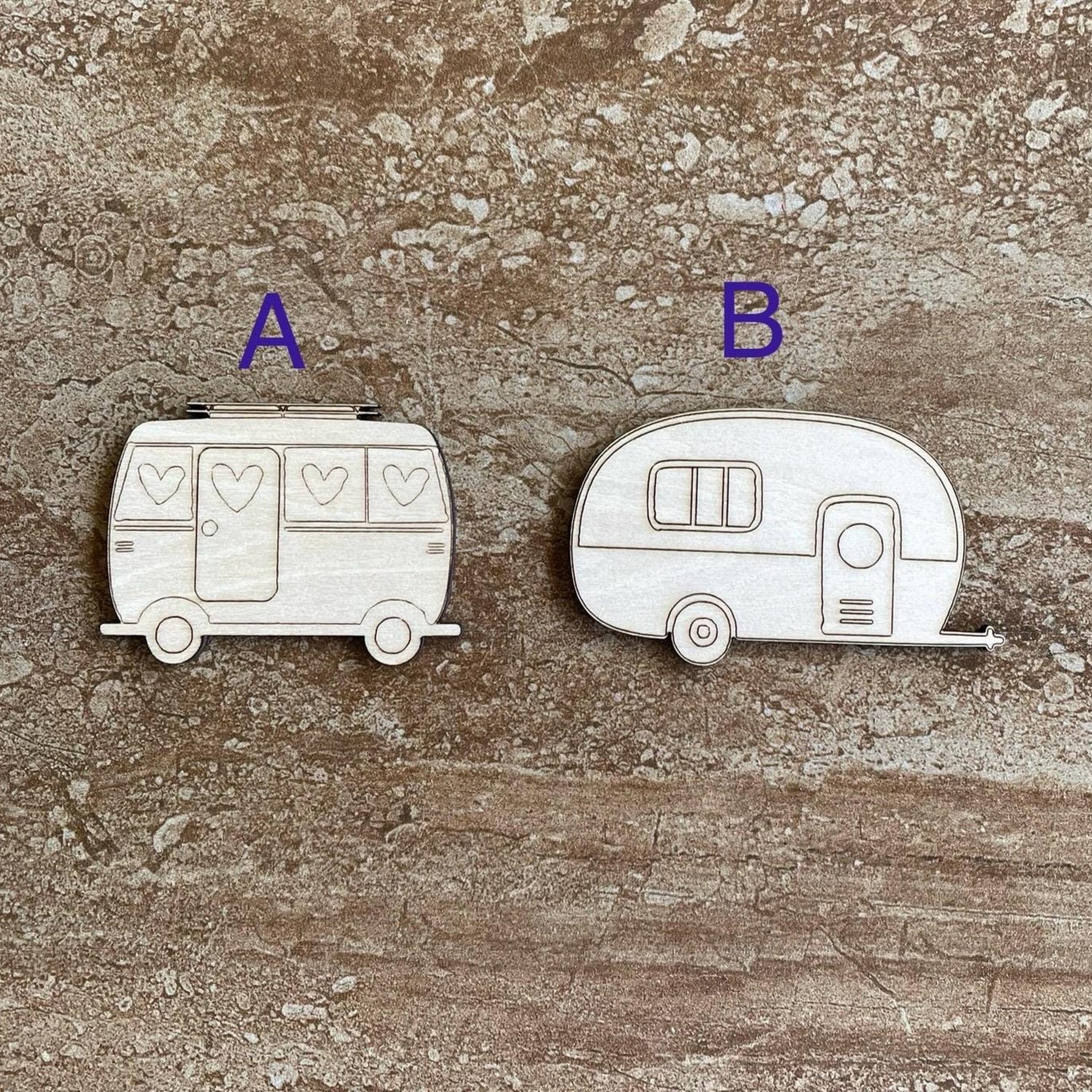 Handmade wooden DIY camper cutout in two unique styles, ready to paint or decorate