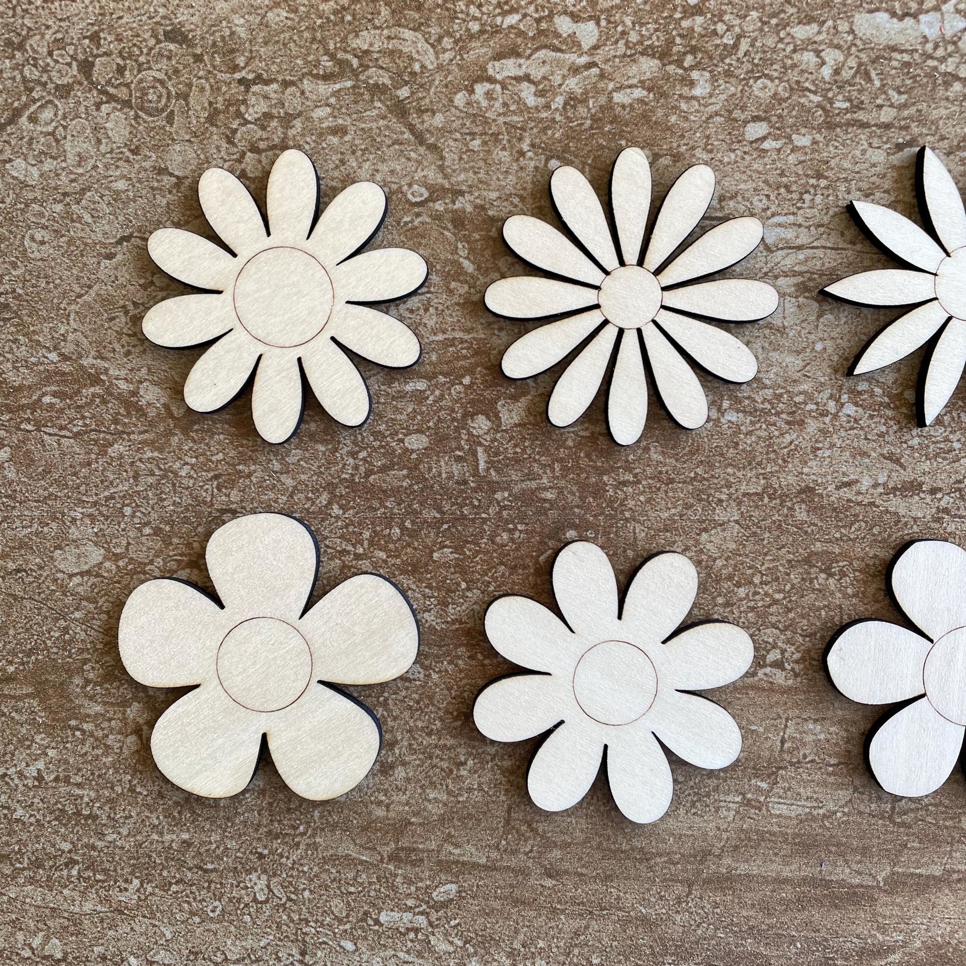 Handmade wooden DIY Daisy flower cutout in six unique styles, ready for paint or decorating