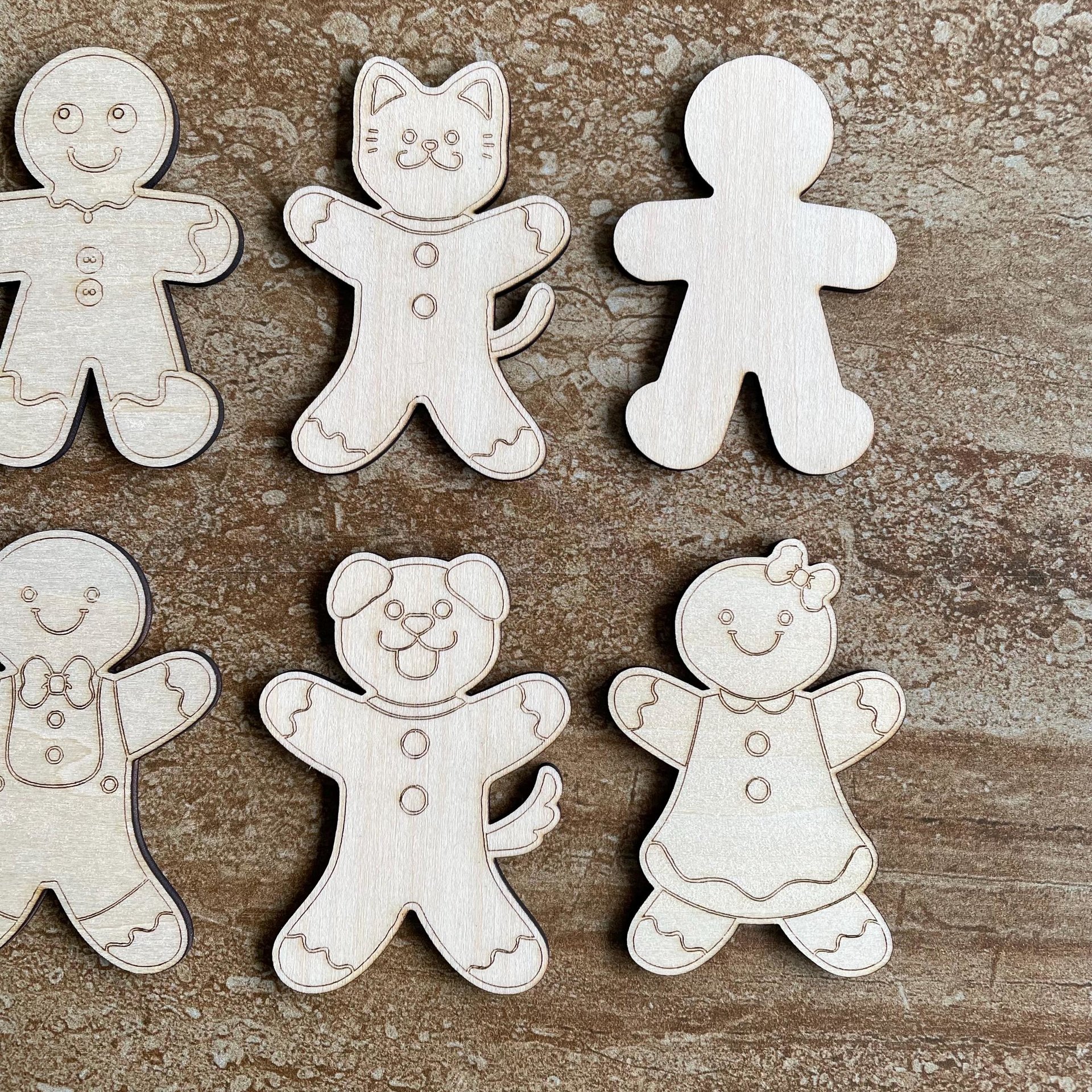 Handmade wooden DIY Gingerbread family cutout in six unique styles, ready for paint or decorating