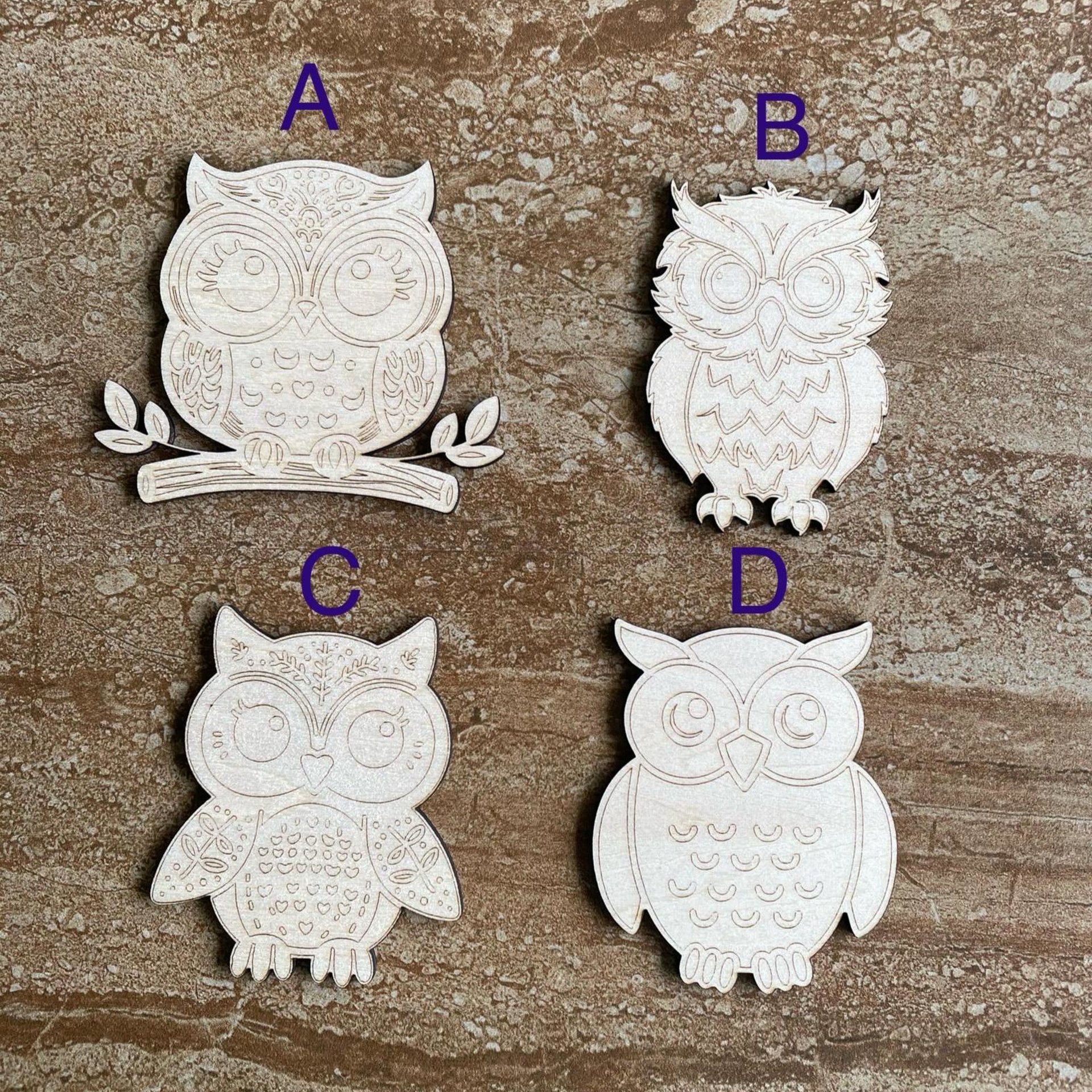 Handmade wooden DIY owl cutout in four unique styles, ready to paint or decorate