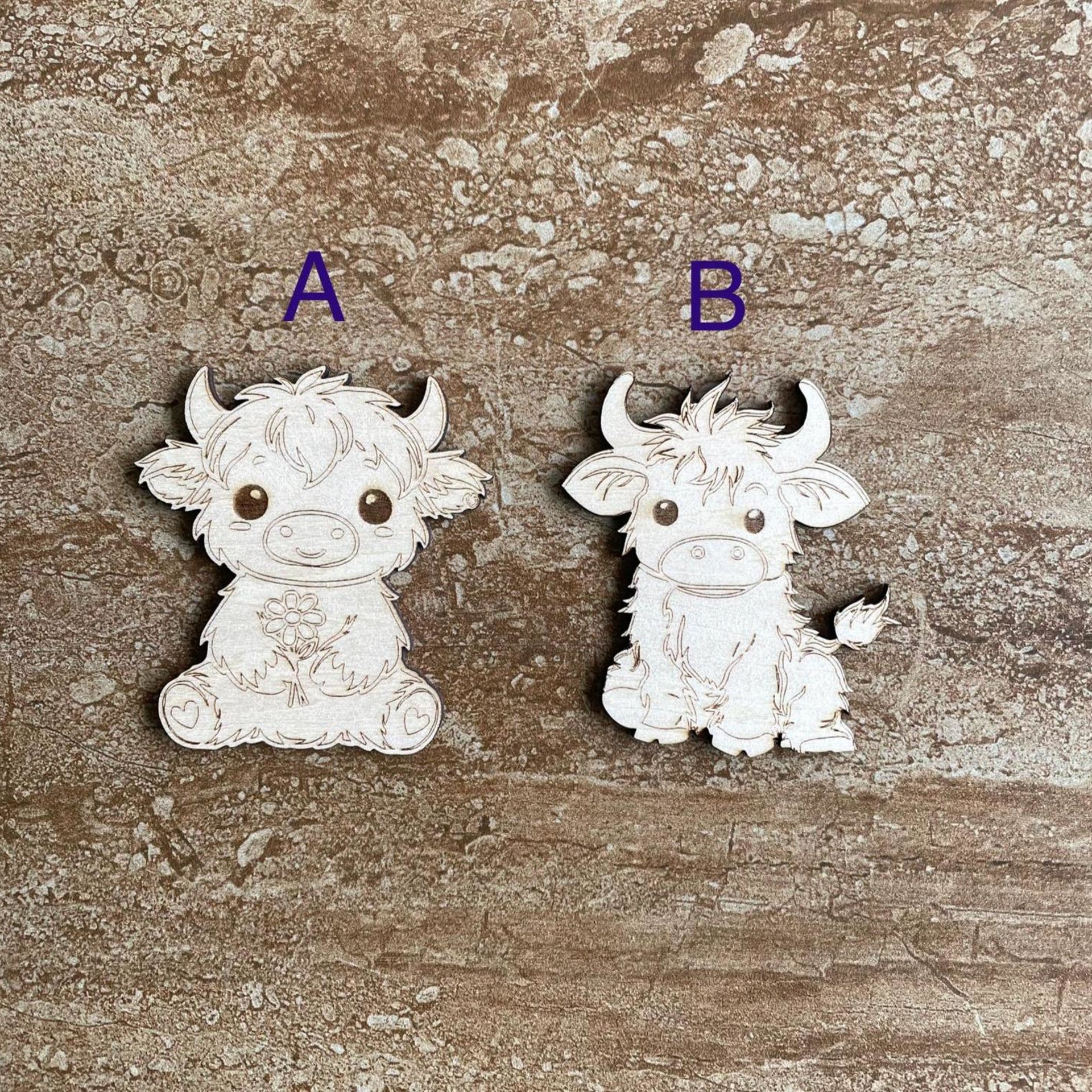 Handmade wooden DIY Highland cow cutout in two unique styles, ready to paint or decorate