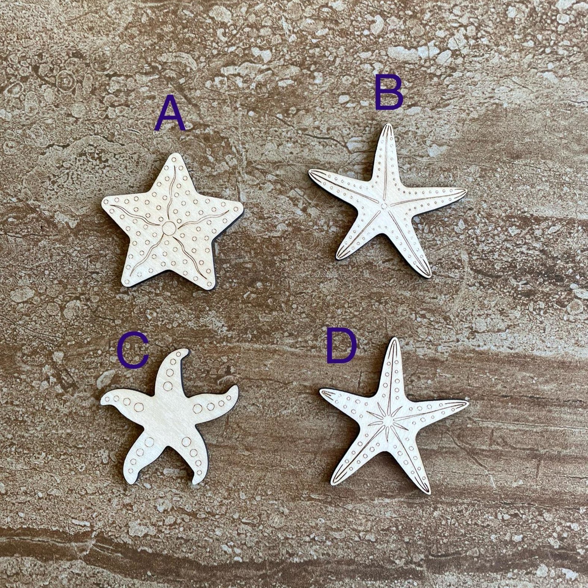Handmade wooden DIY starfish cutout in four unique styles, ready for paint or decorating