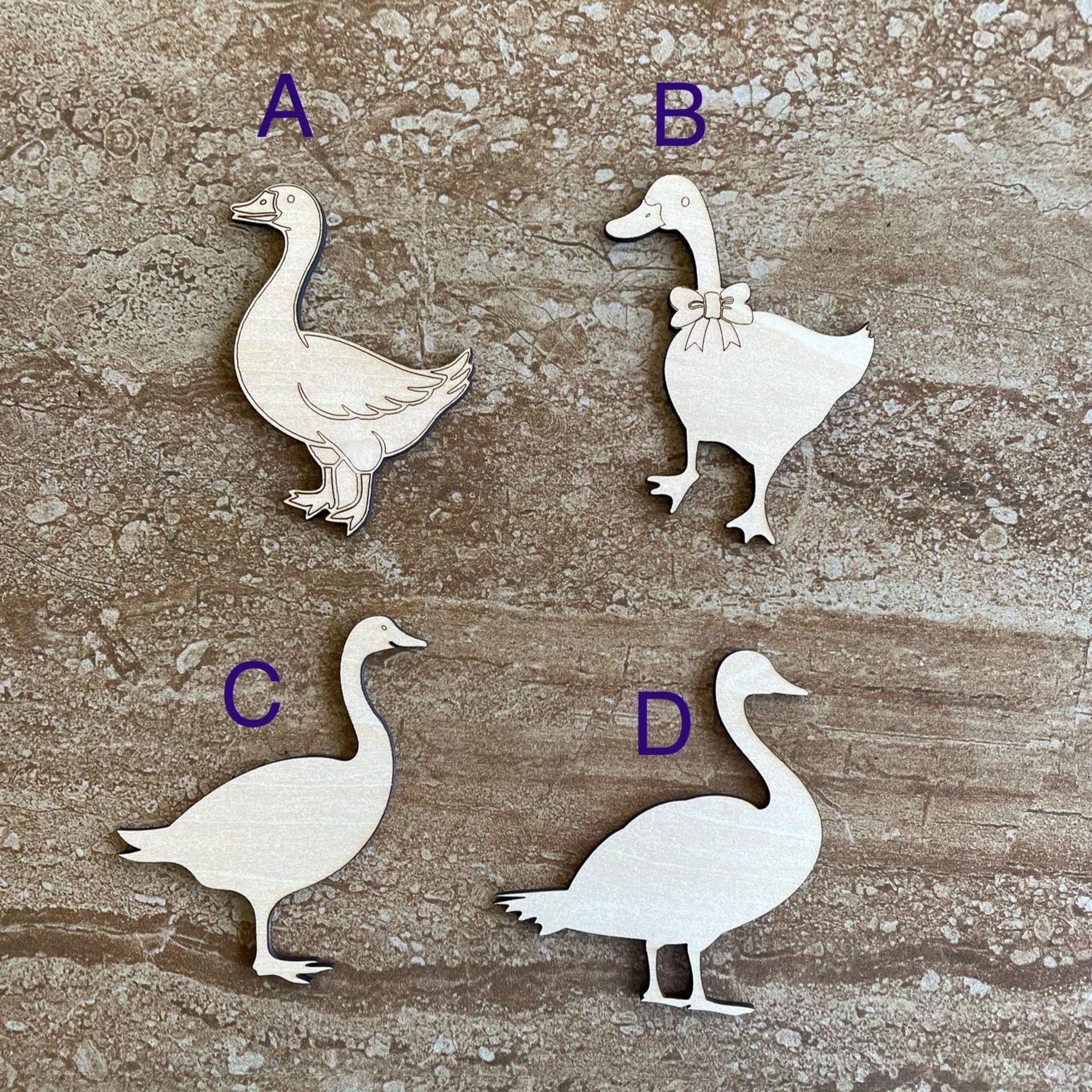Handmade wooden DIY goose cutout in four unique styles, ready to paint or decorate