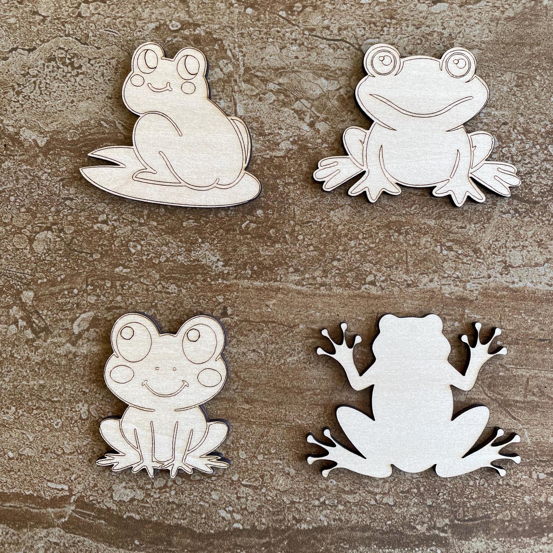 Handmade wooden DIY frog cutout in four unique styles, ready to paint or decorate