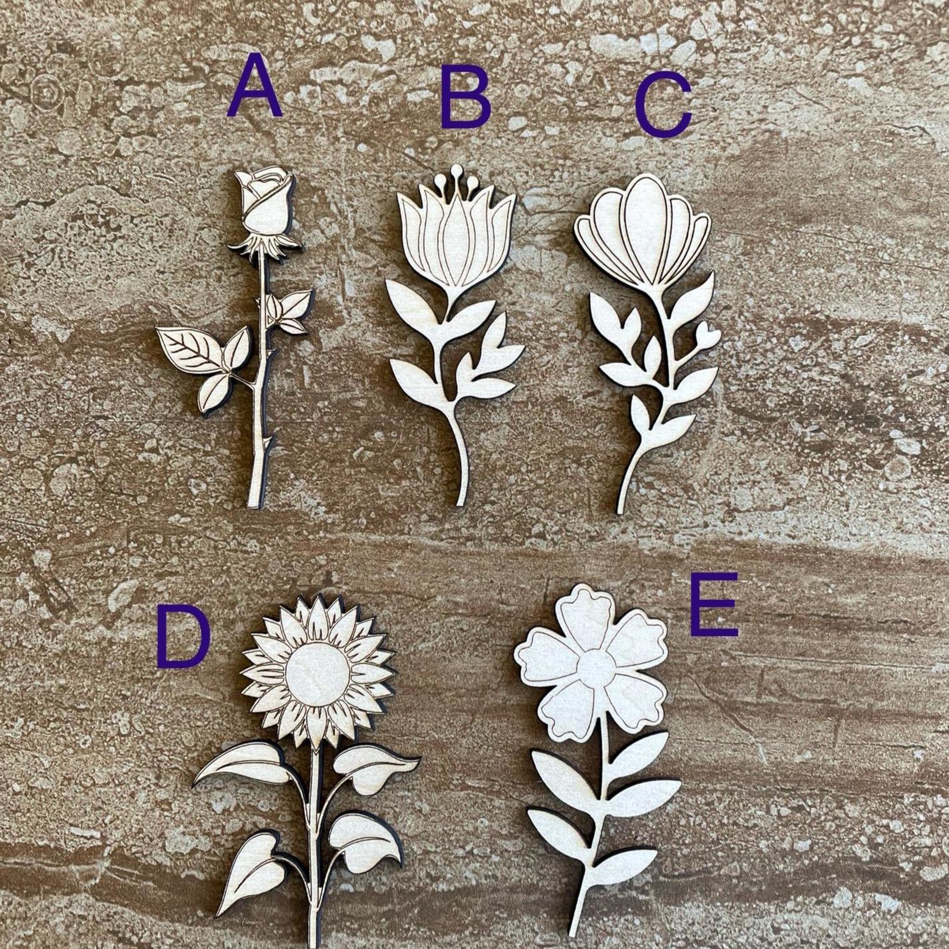 Handmade wooden DIY flower cutout in five unique styles, ready for paint or decorating