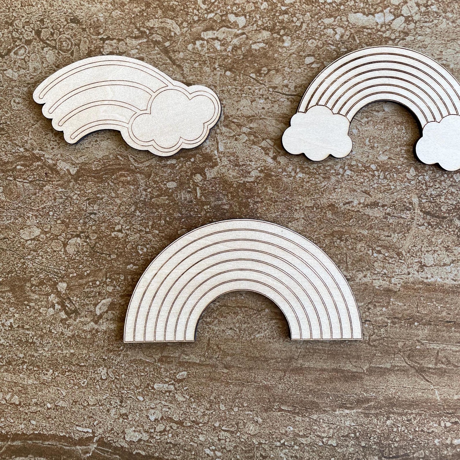 Handmade wooden DIY rainbow cutout in three unique styles, ready for paint or decorating