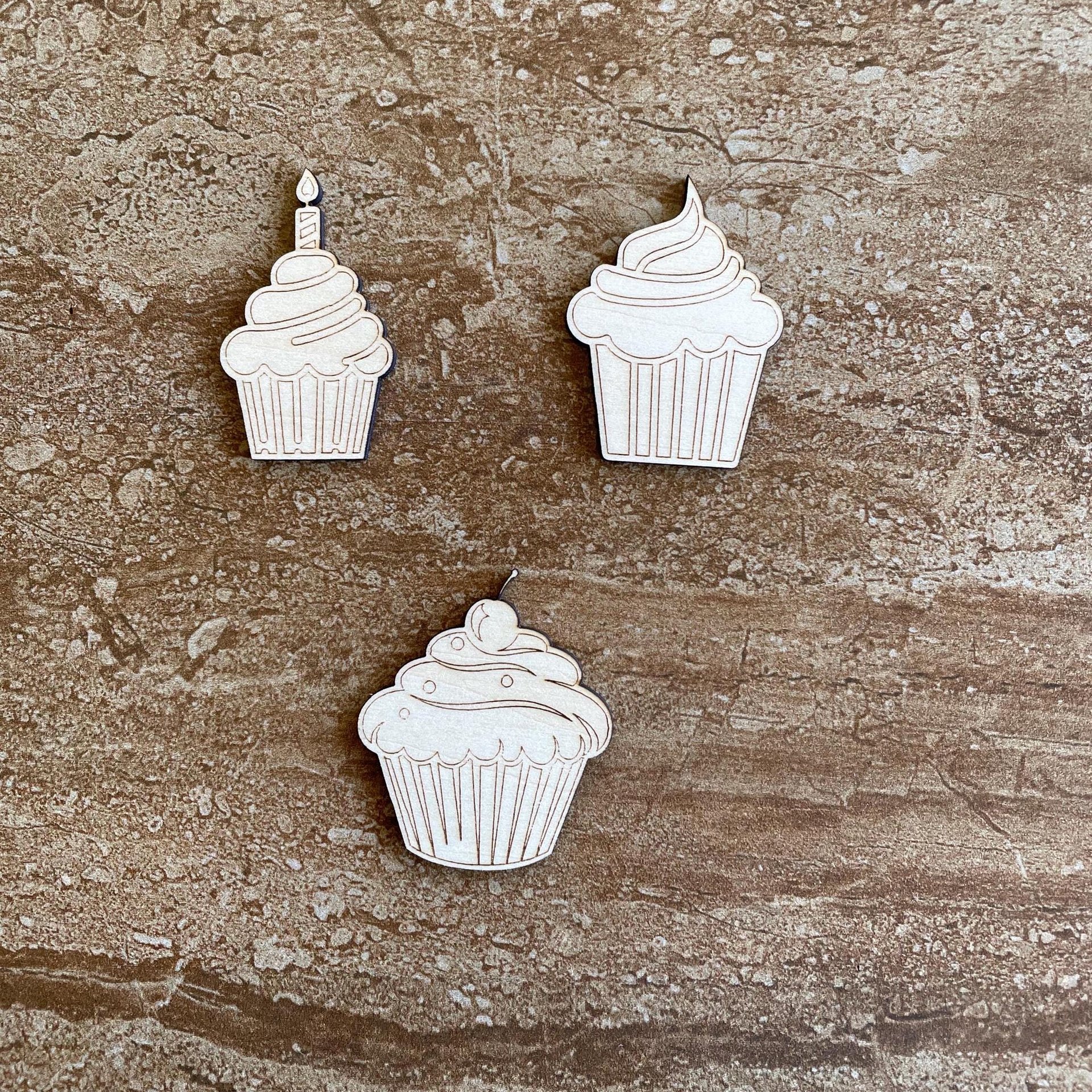 Handmade wooden DIY cupcake cutout in three unique styles, ready for paint or decorating