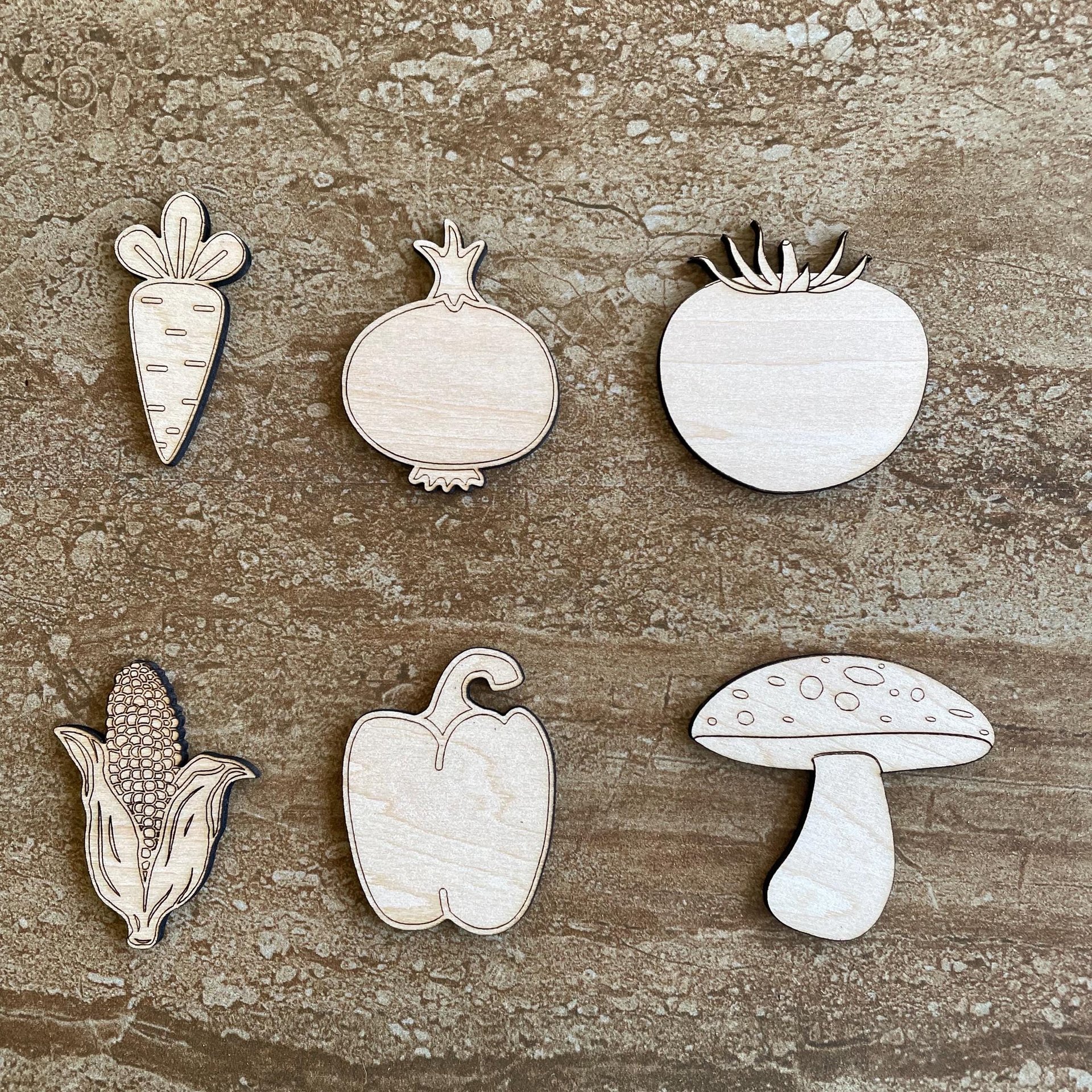 Handmade wooden DIY vegetable cutout in six unique styles, ready for paint or decorating