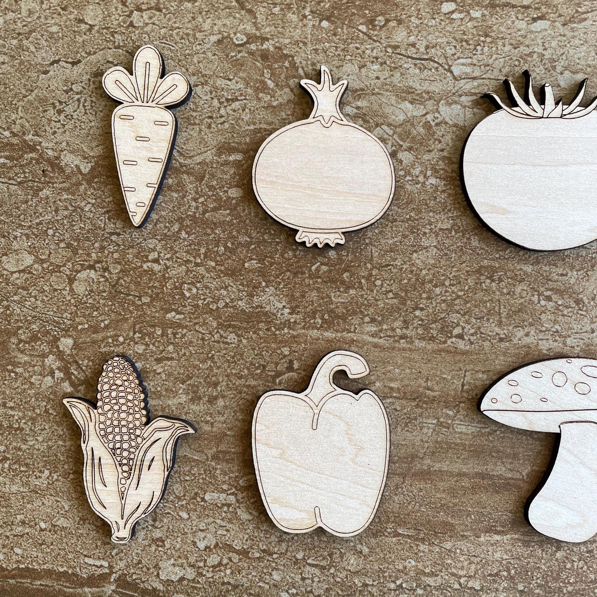 Handmade wooden DIY vegetable cutout in six unique styles, ready for paint or decorating