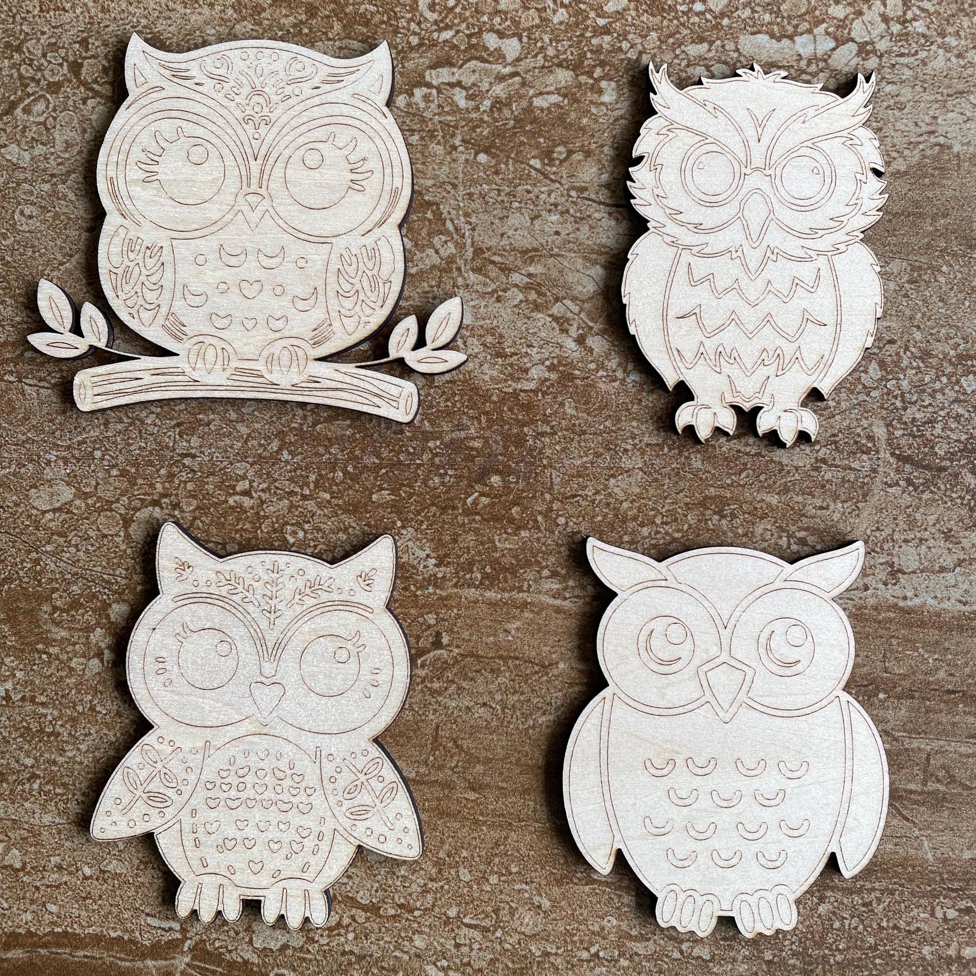 Handmade wooden DIY owl cutout in four unique styles, ready to paint or decorate
