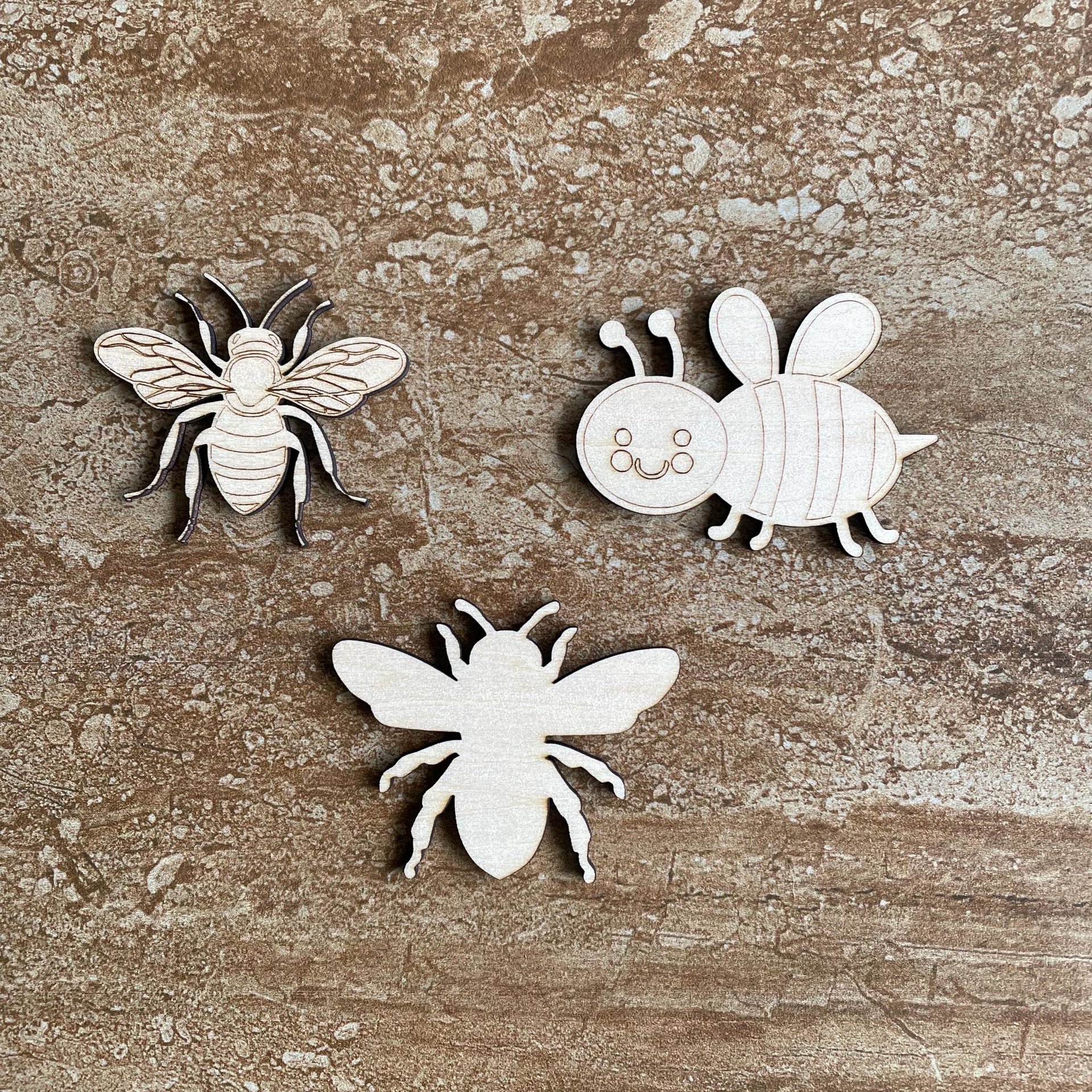 Handmade wooden DIY bee cutout in three unique styles, ready to paint or decorate