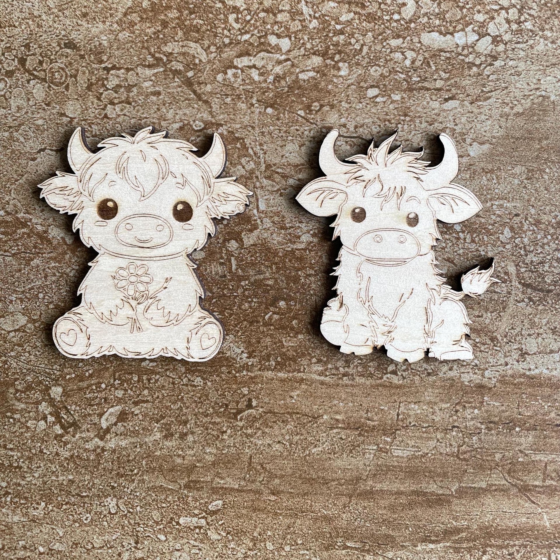 Handmade wooden DIY Highland cow cutout in two unique styles, ready to paint or decorate
