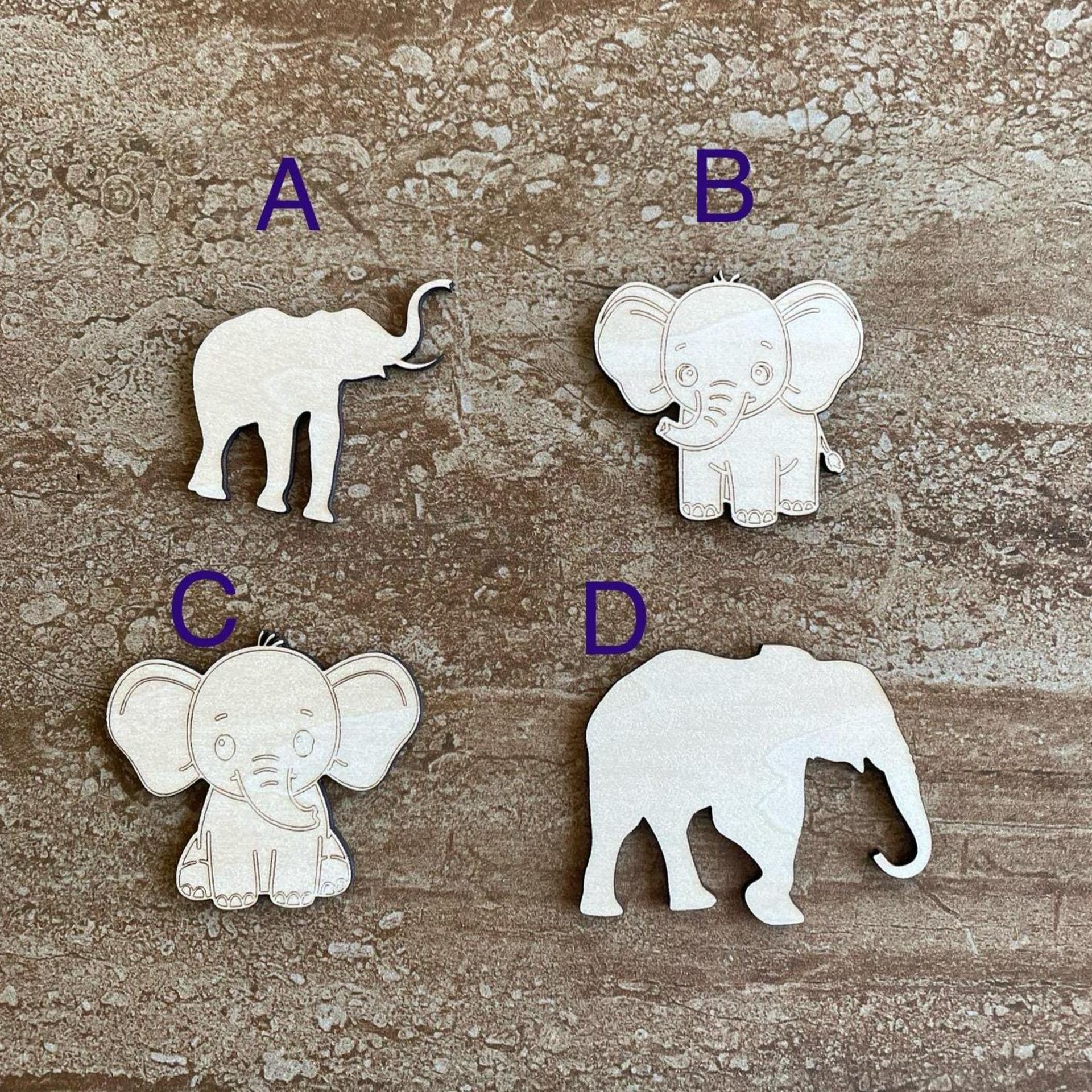 Handmade wooden DIY elephant cutout in four unique styles, ready to paint or decorate