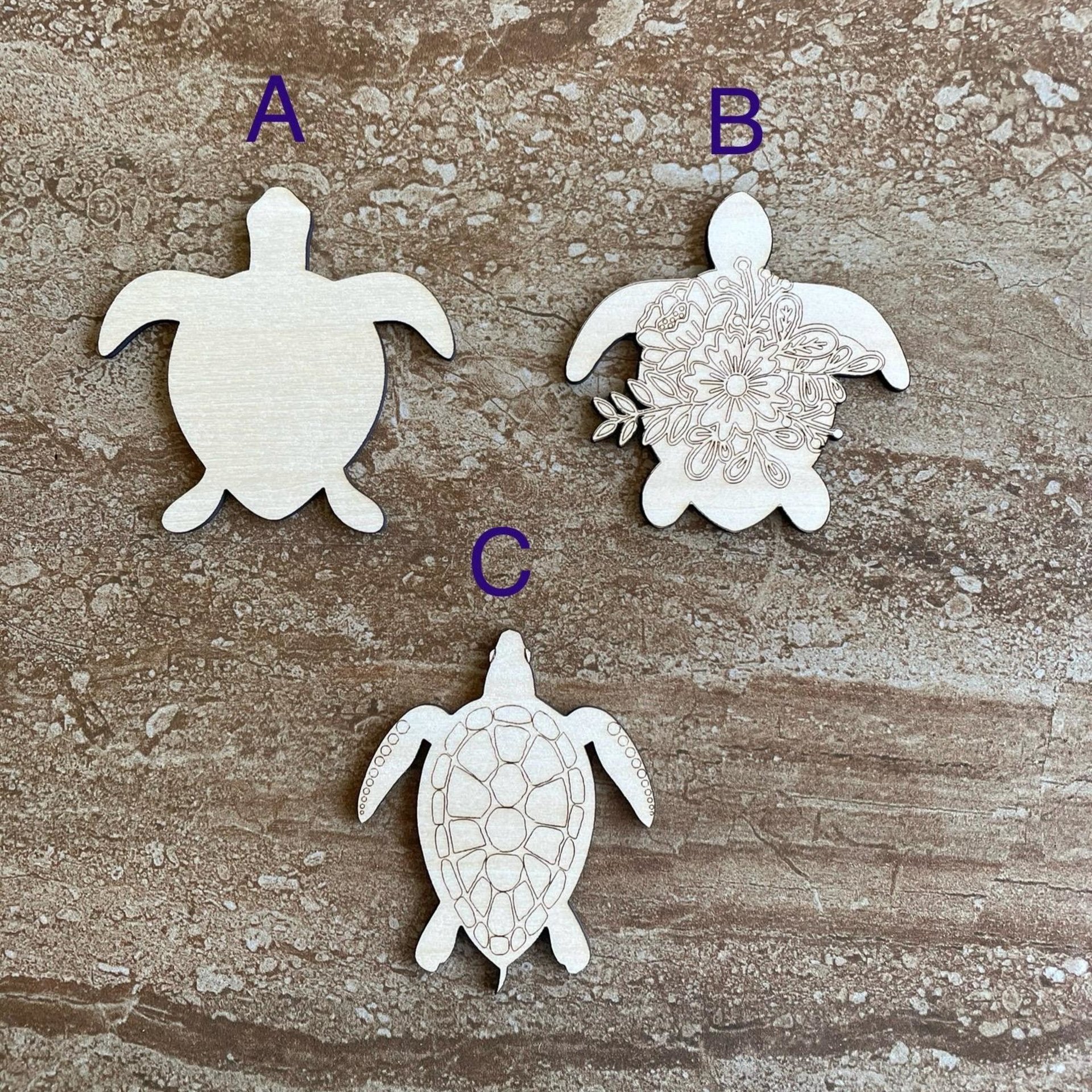 Handmade wooden DIY turtle cutout in three unique styles, ready for paint or decorating