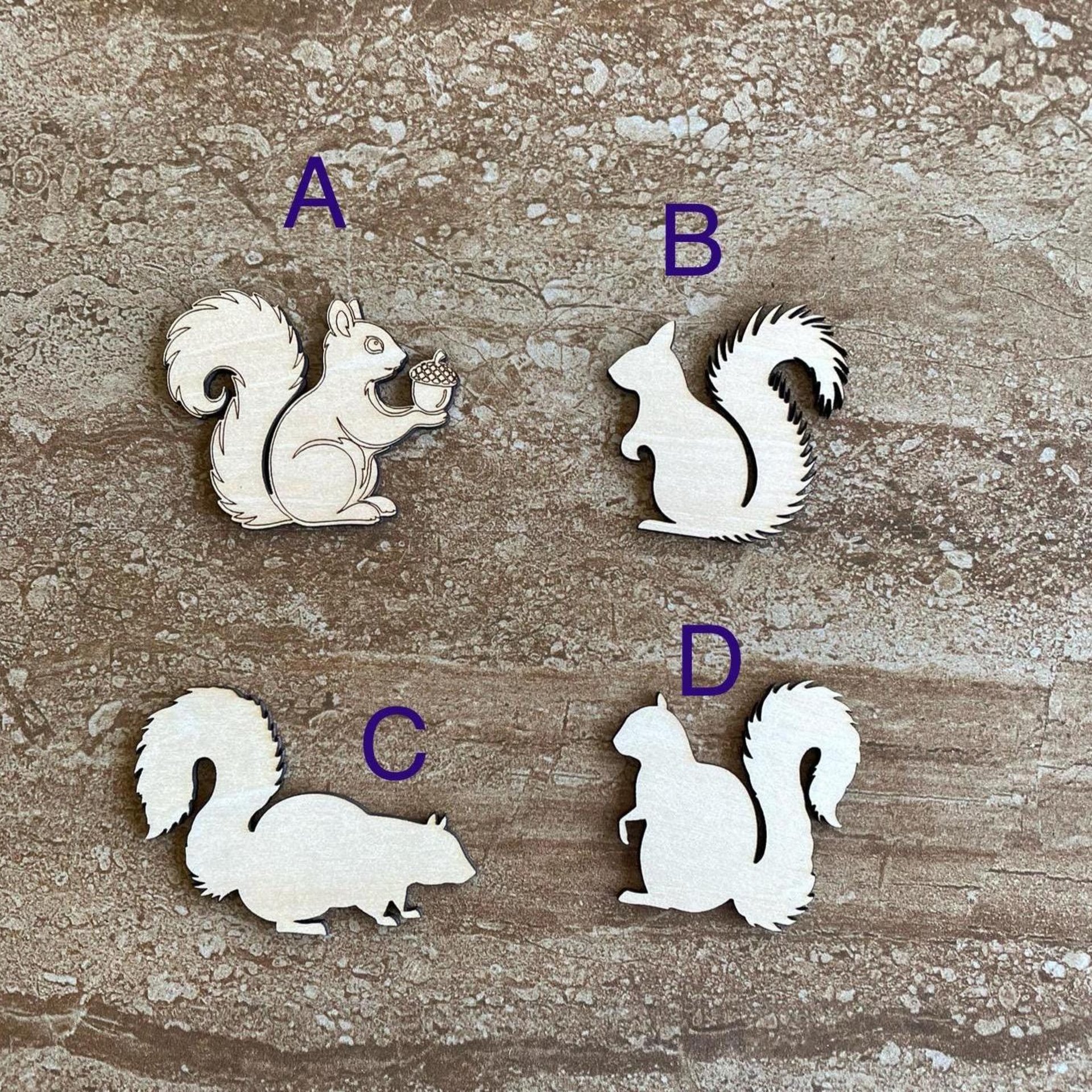 Handmade wooden DIY squirrel cutout in four unique styles, ready to paint or decorate