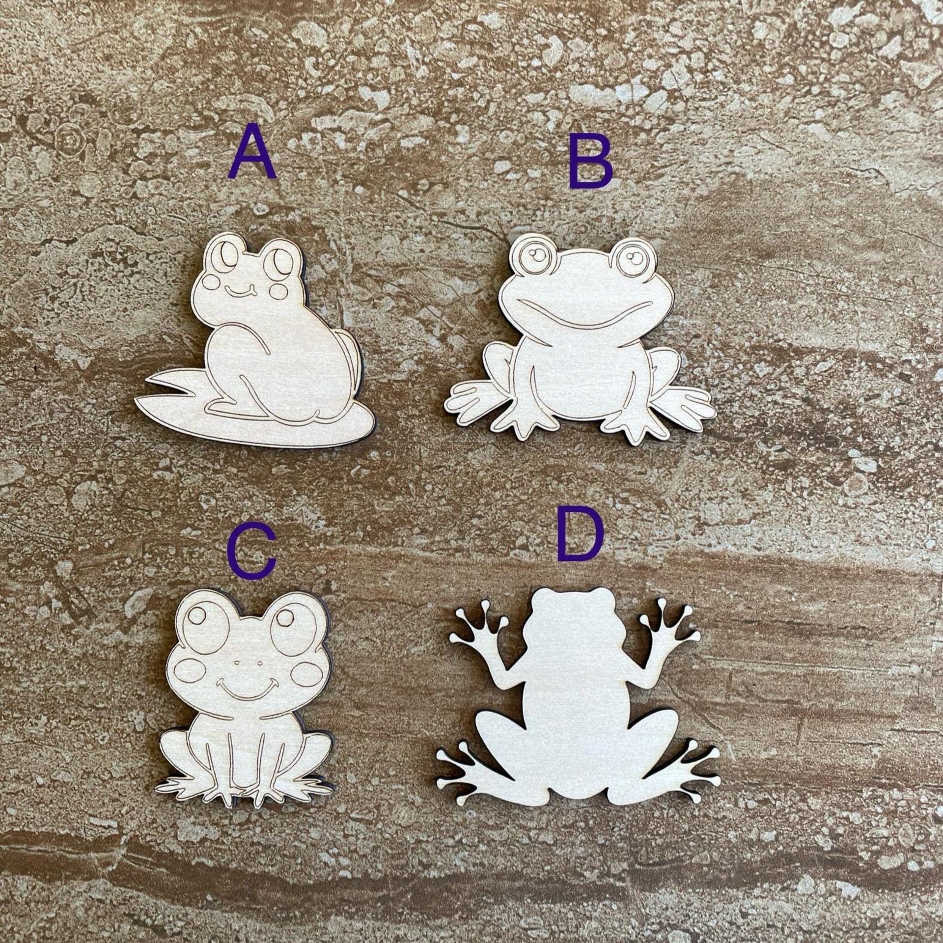 Handmade wooden DIY frog cutout in four unique styles, ready to paint or decorate