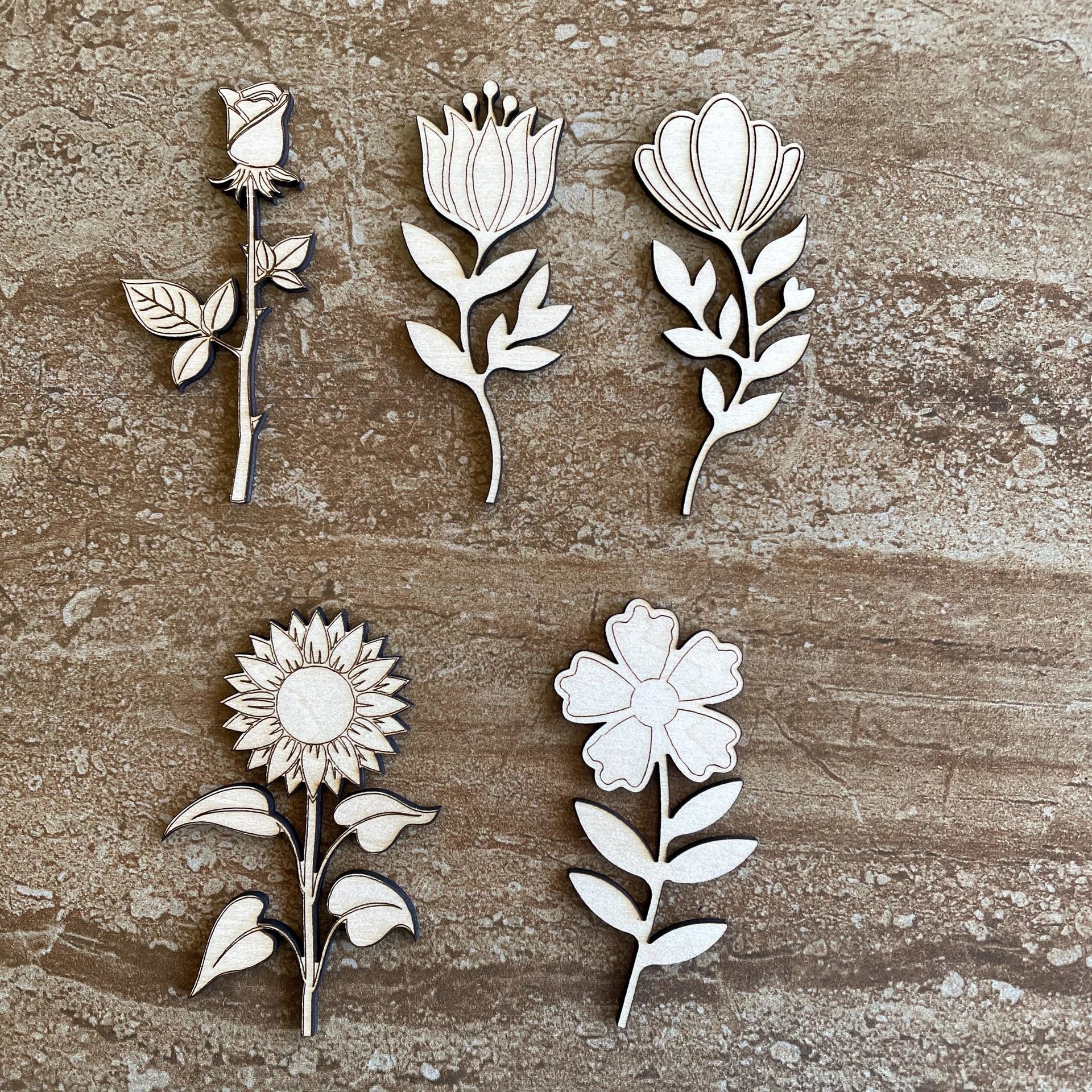 Handmade wooden DIY flower cutout in five unique styles, ready for paint or decorating