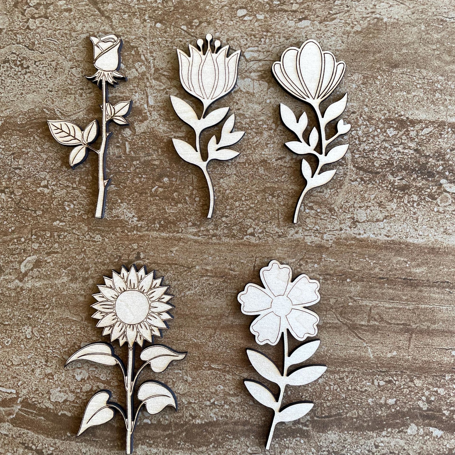 Handmade wooden DIY flower cutout in five unique styles, ready for paint or decorating