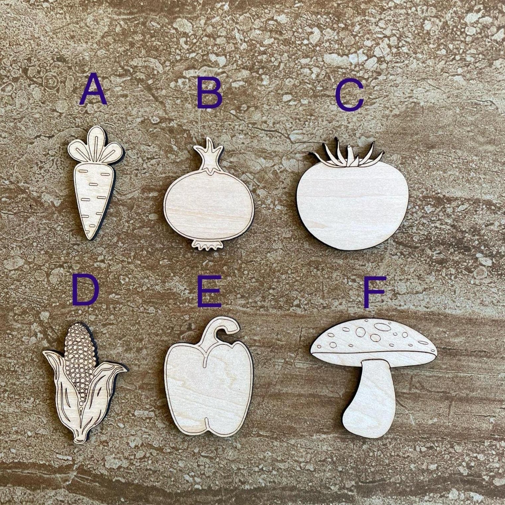 Handmade wooden DIY vegetable cutout in six unique styles, ready for paint or decorating