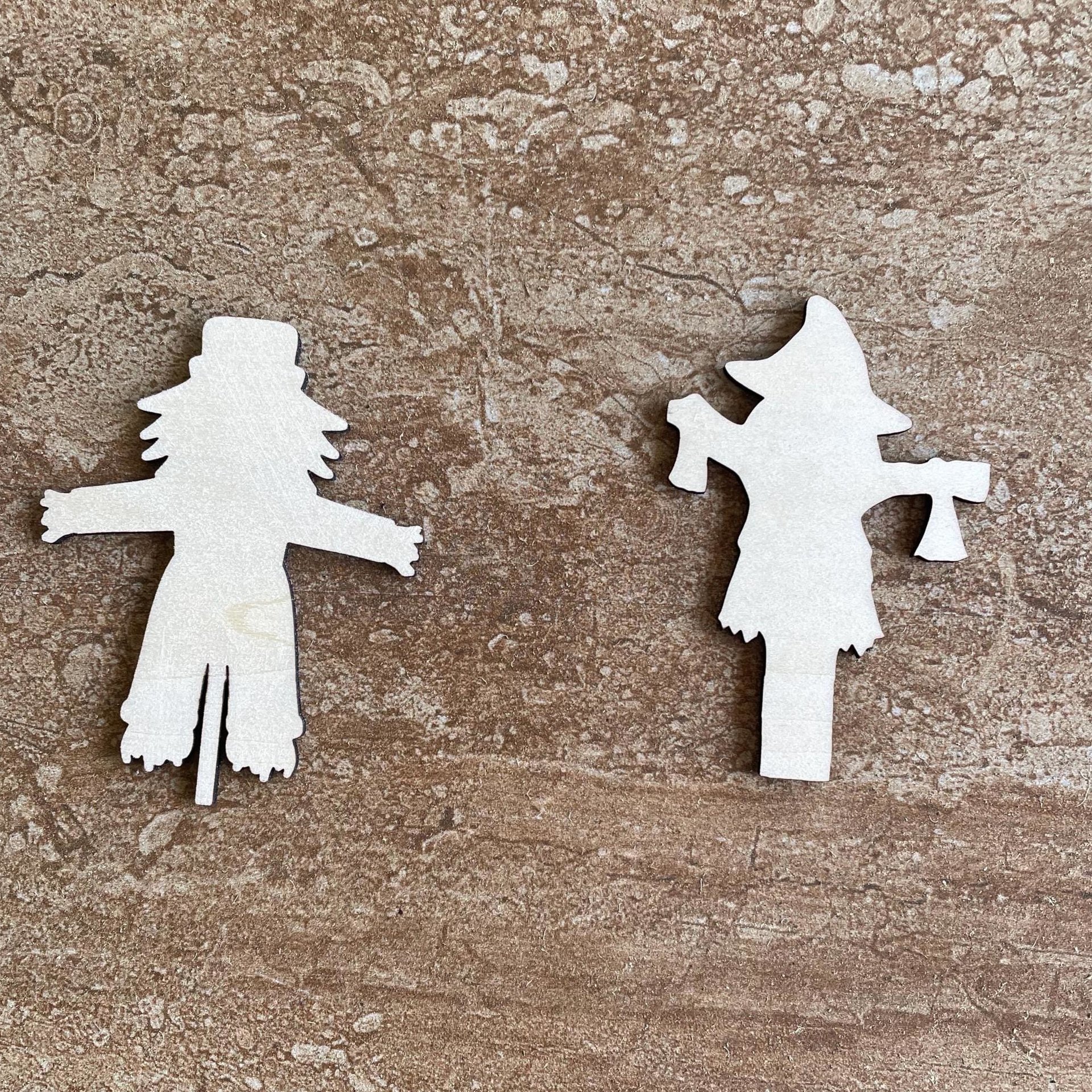 Handmade wooden DIY scarecrow cutout in two unique styles, ready for paint or decorating