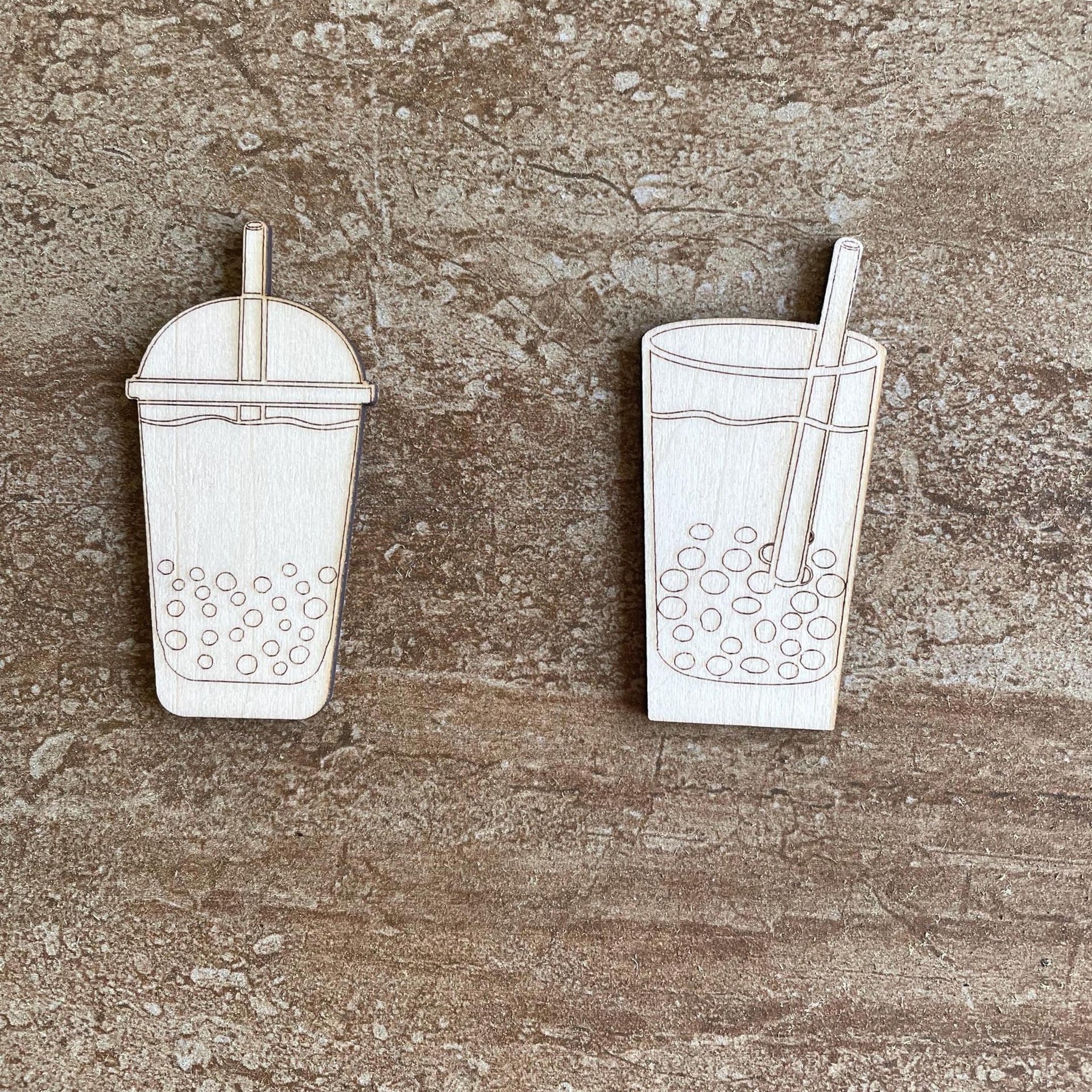 Handmade wooden DIY bubble tea cutout in two unique styles, ready for paint or decorating