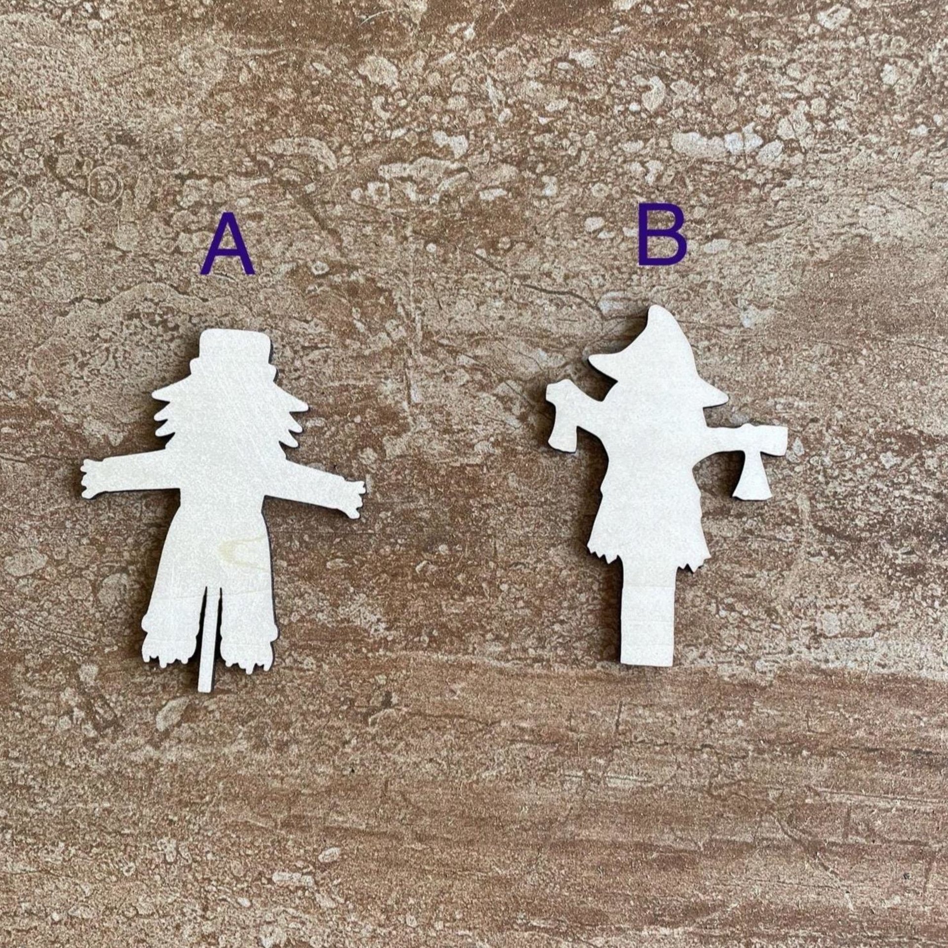 Handmade wooden DIY scarecrow cutout in two unique styles, ready for paint or decorating