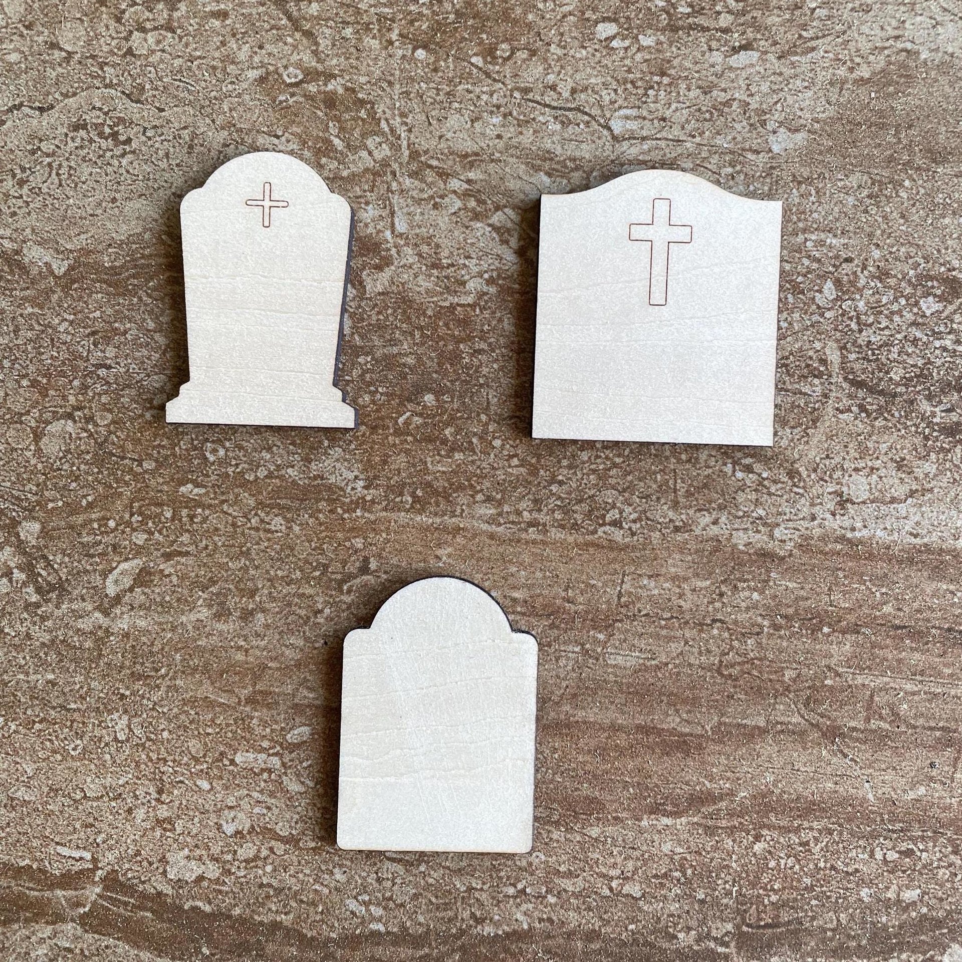 Handmade wooden DIY tombstone cutout in two unique styles, ready for paint or decorating