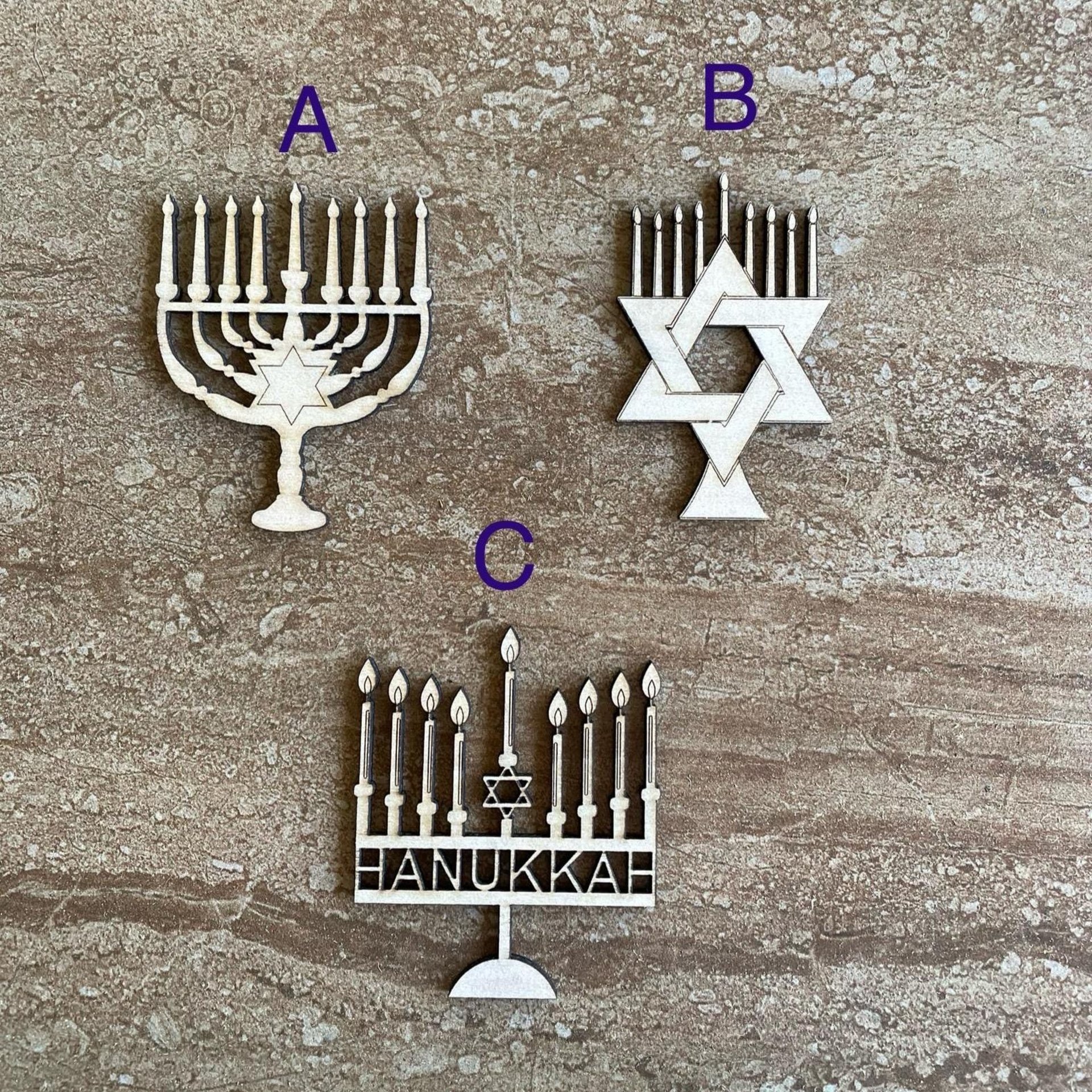 Handmade wooden DIY menorah cutout in three unique styles, ready for paint or decorating