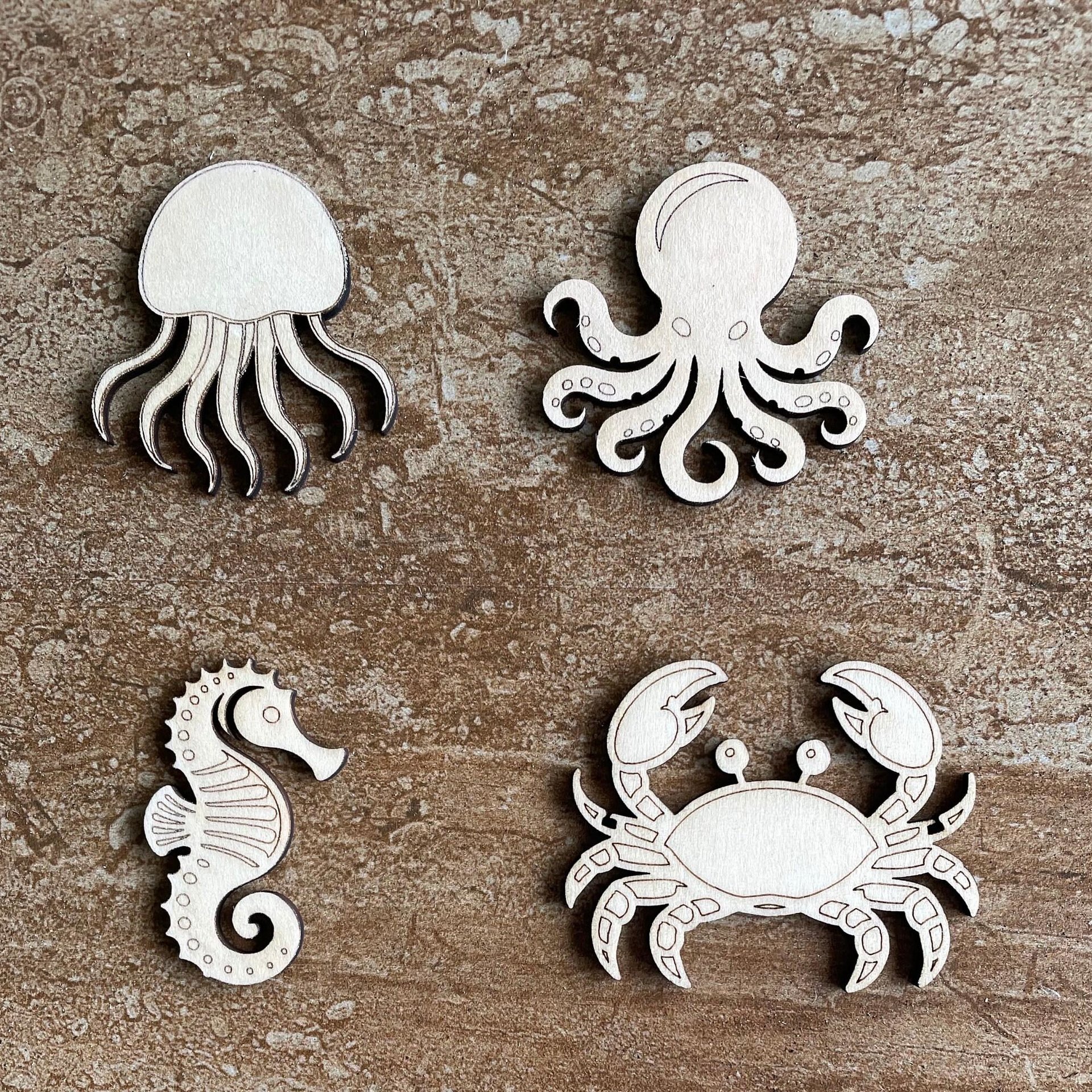 Handmade wooden DIY sea life cutout in four unique styles, ready for paint or decorating