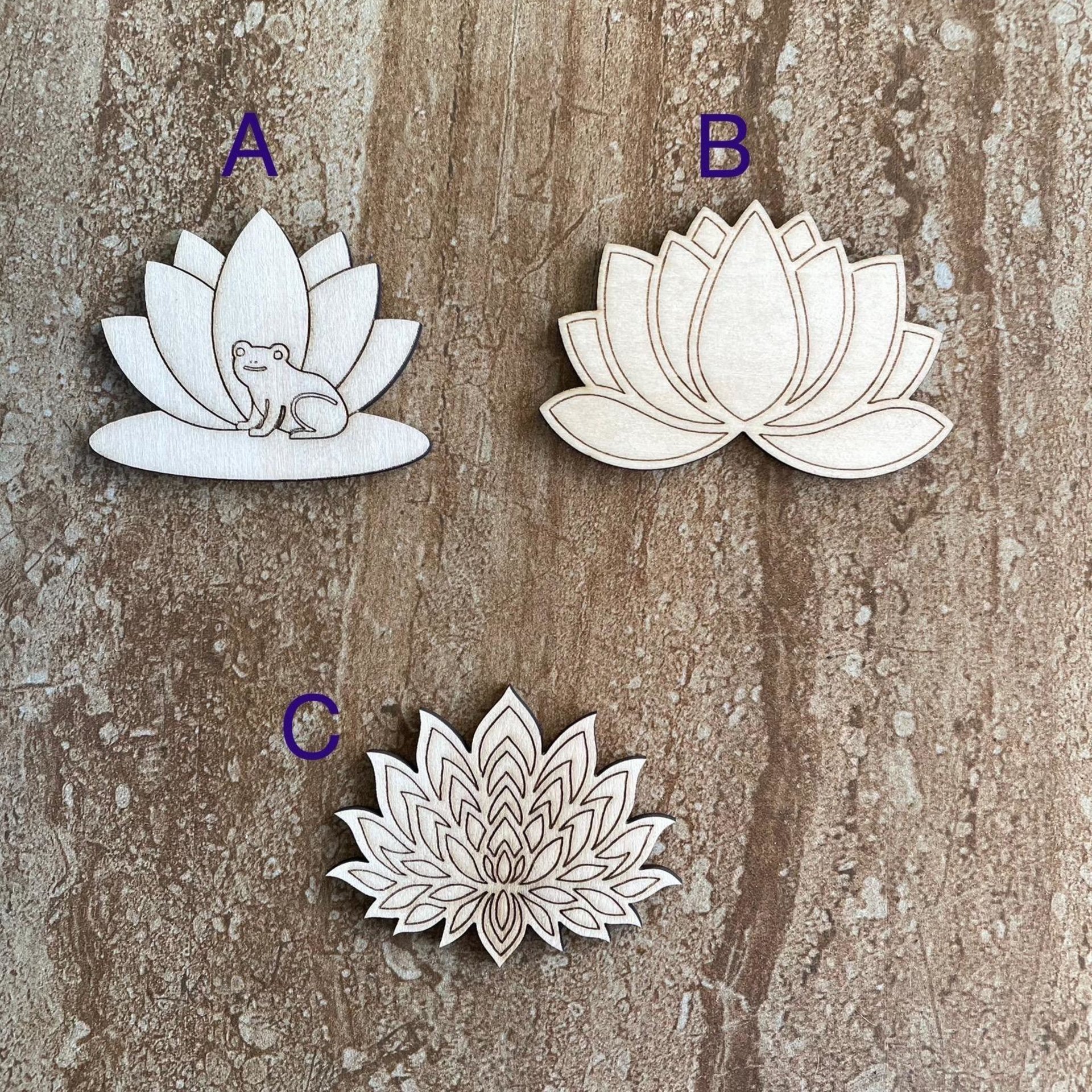 Handmade wooden DIY lotus flower cutouts in three unique styles, ready for paint or decorating