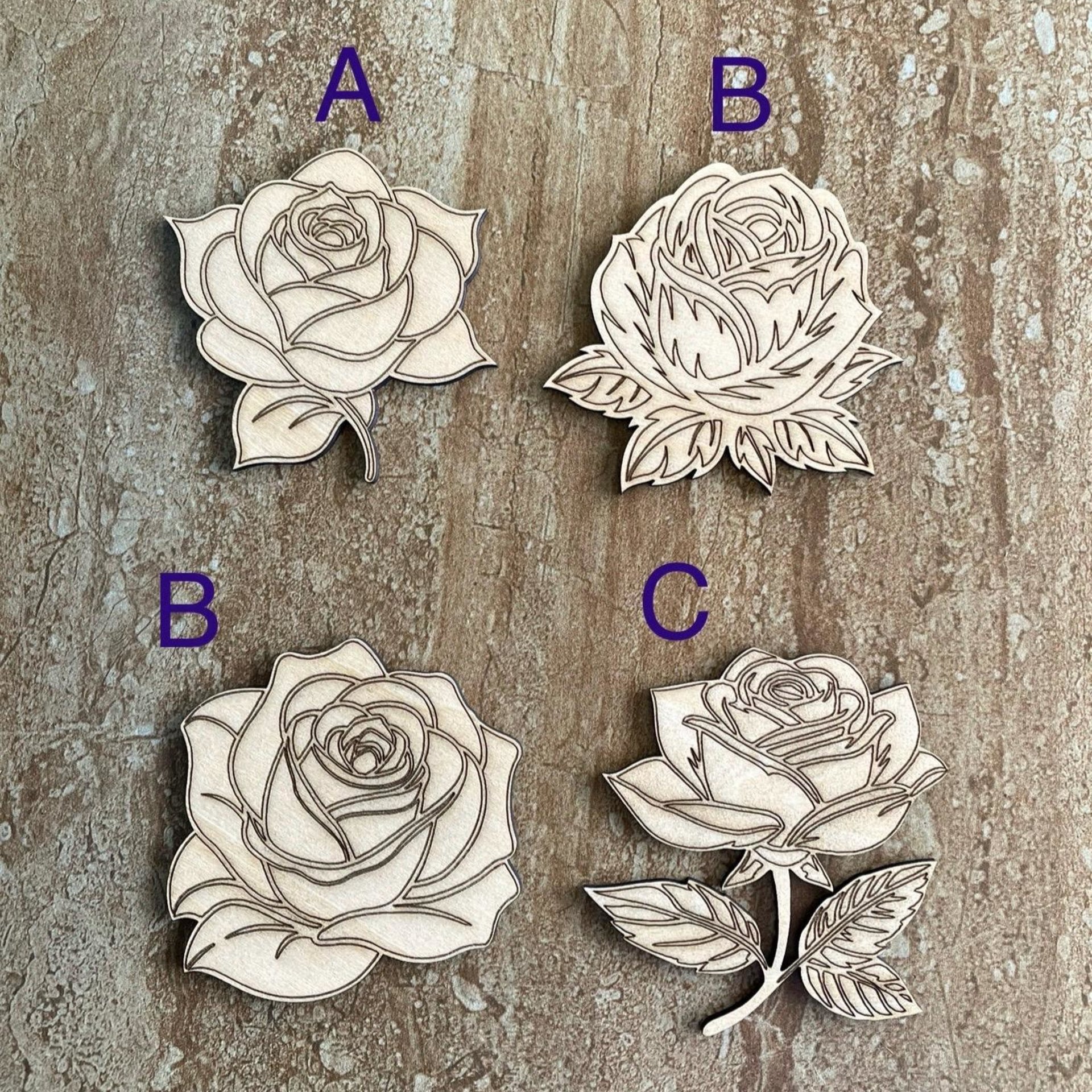 Handmade wooden DIY rose cutout in four unique styles, ready for paint or decorating