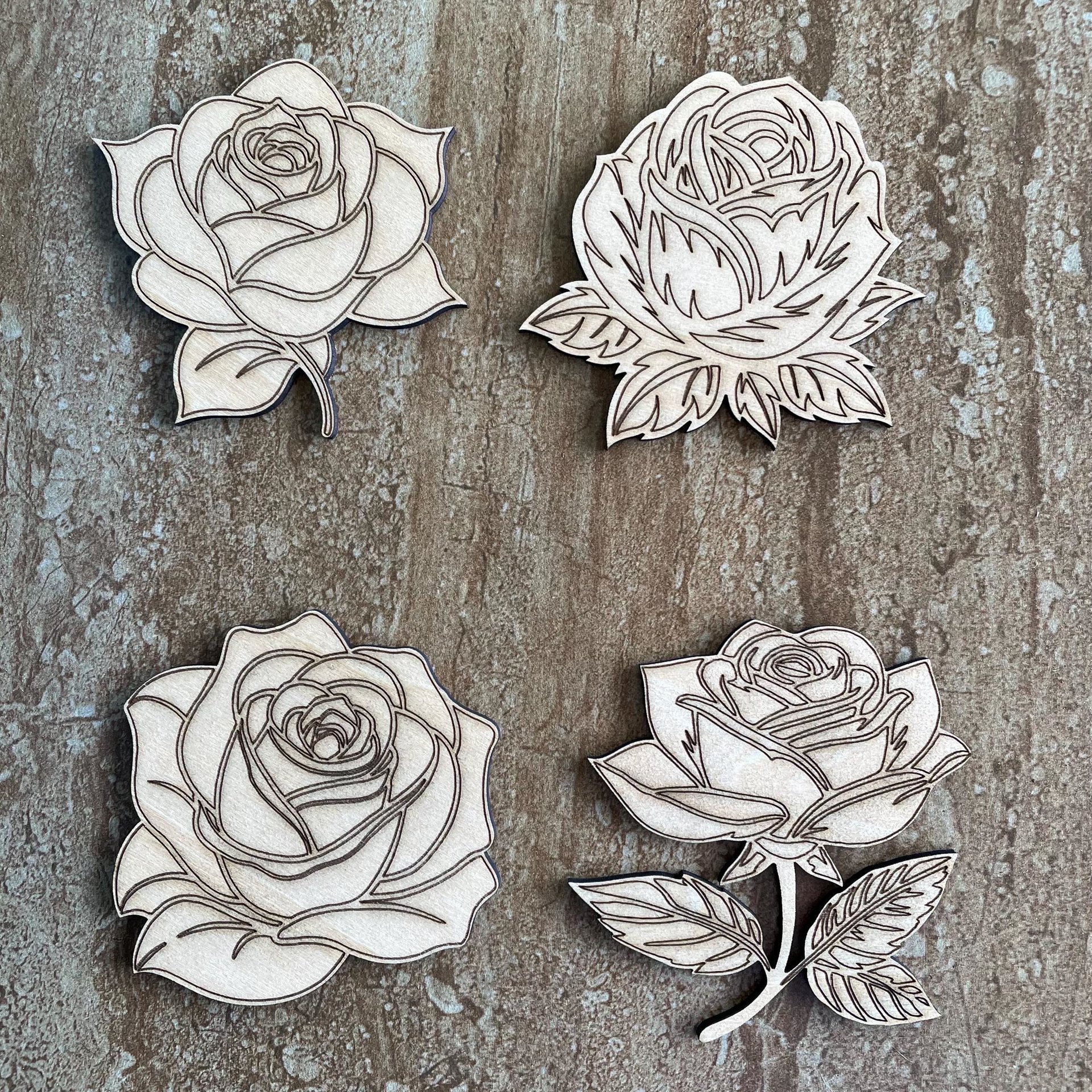 Handmade wooden DIY rose cutout in four unique styles, ready for paint or decorating