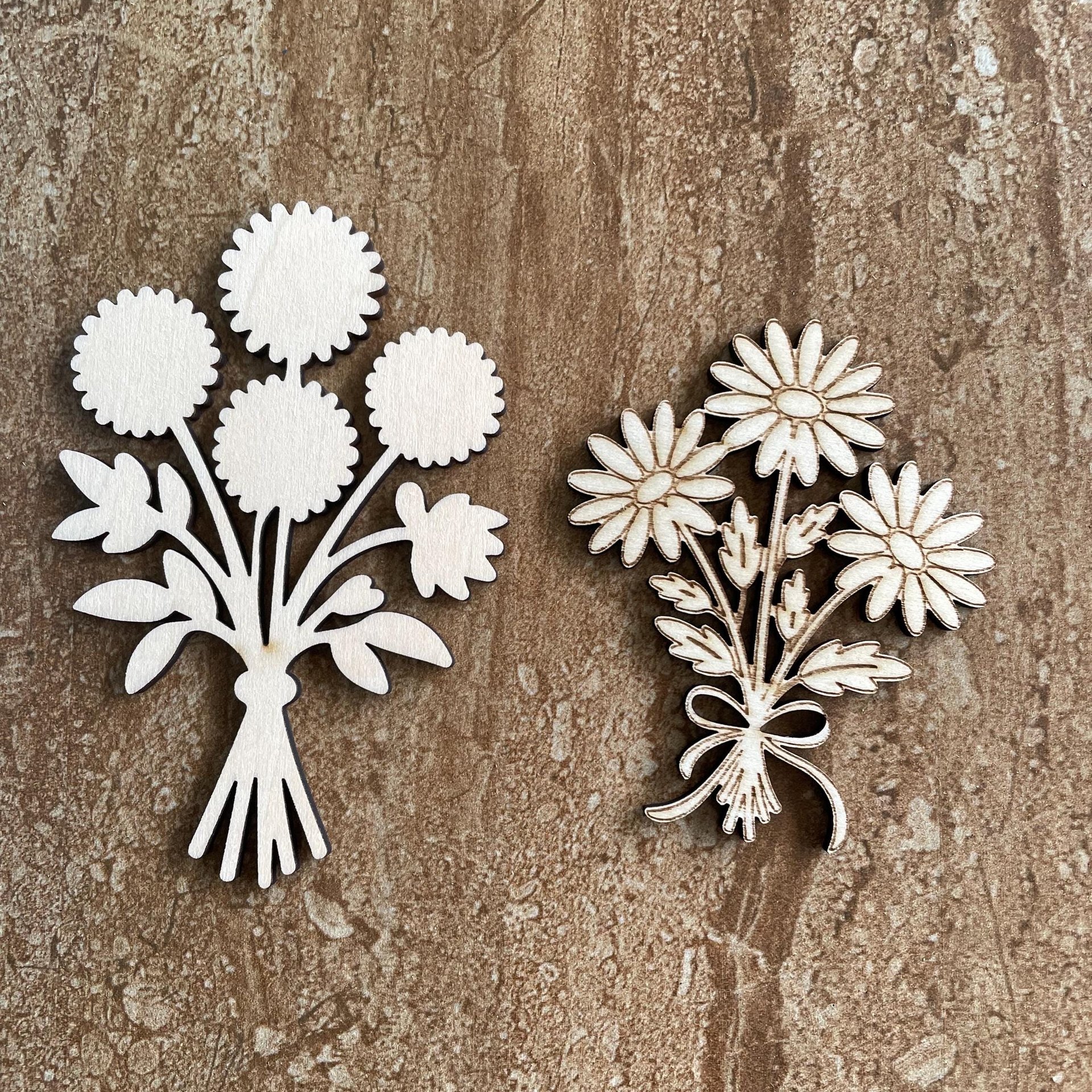 Handmade wooden DIY flower bouquet cutout in two unique styles, ready for paint or decorating