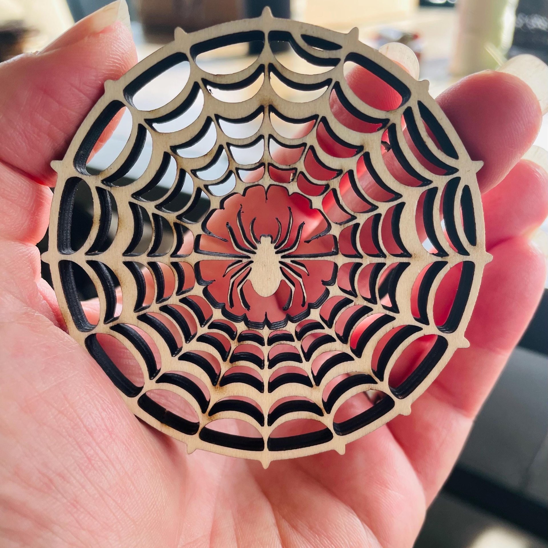 Handmade wooden DIY spider web cutout ready for paint or decorating