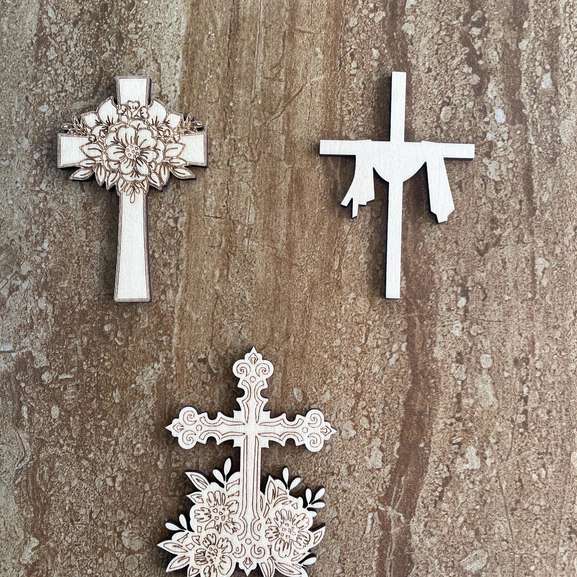 Handmade wooden DIY cross cutout in three unique styles, ready for paint or decorating