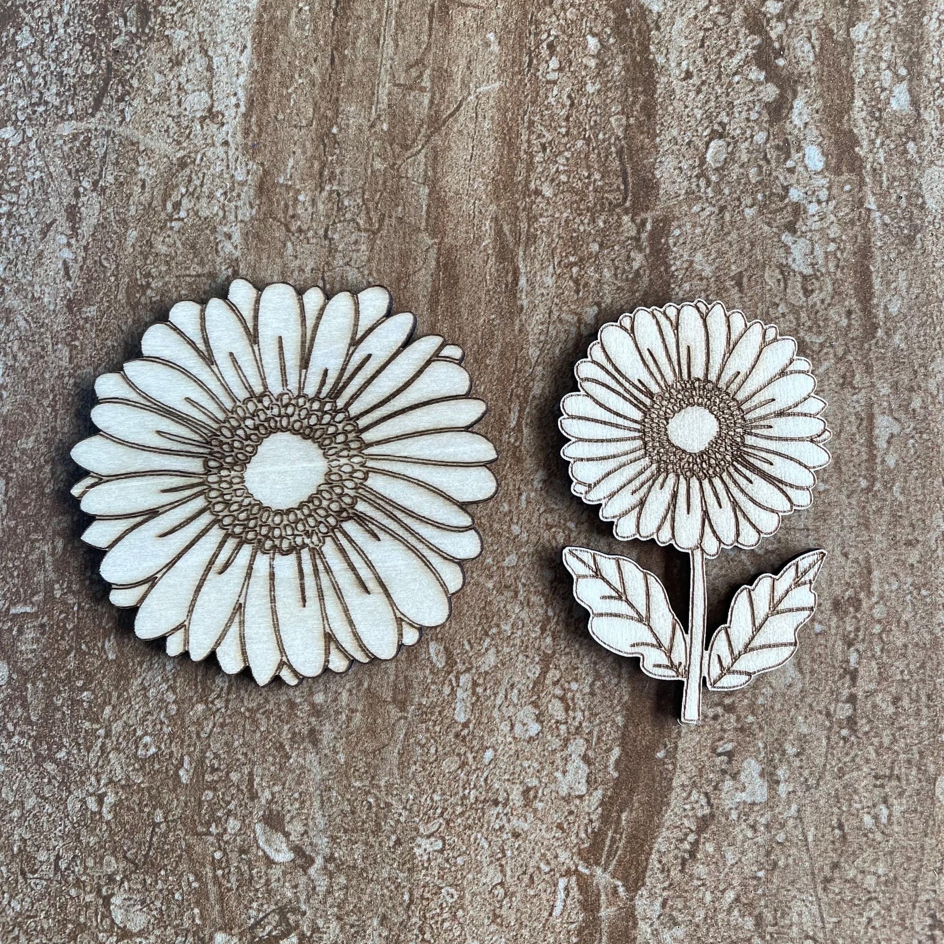 Handmade wooden DIY Gerbera daisy cutout in two unique styles, ready for paint or decorating