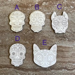Handmade wooden DIY sugar skull cutout in five unique styles, ready for paint or decorating