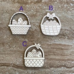 Handmade wooden DIY Easter basket cutout in three unique styles, ready for paint or decorating