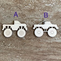 Handmade wooden DIY monster truck cutout in two unique styles, ready to paint or decorate