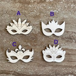 Handmade wooden DIY mardi gras mask cutout in four unique styles, ready for paint or decorating
