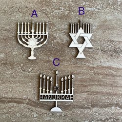 Handmade wooden DIY menorah cutout in three unique styles, ready for paint or decorating