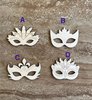 Handmade wooden DIY mardi gras mask cutout in four unique styles, ready for paint or decorating